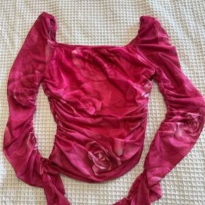 SHEIN Pink Ruched Puff Sleeve Bodysuit